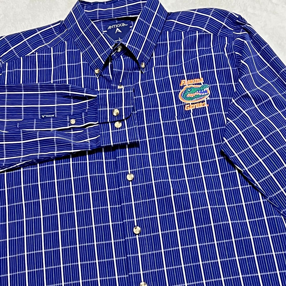 Florida Gators Shirt Men's Large Antigua Blue Plaid Button Down Embroidered NCAA